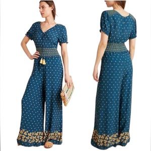 FARM Rio Teal Blue Polka Dot Wide-Leg Jumpsuit with Yellow Tassels